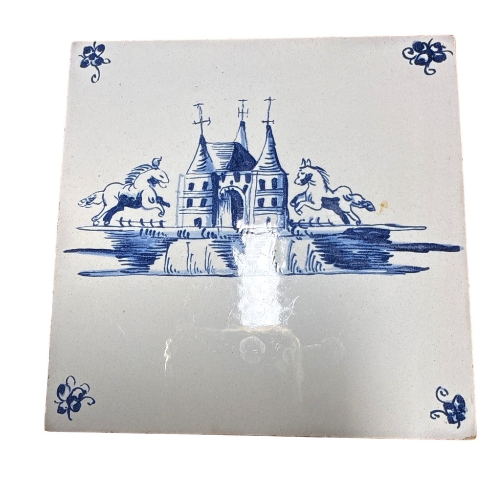 Vintage Delft Blue Ceramic Tile Made in Holland Castle Horses C-56 5.25"